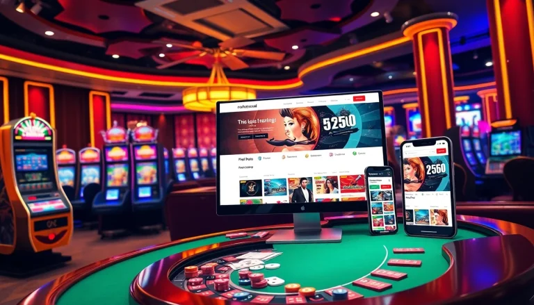 Experience the excitement of nohu90.social with dynamic online gambling visuals featuring vibrant slot machines and poker tables.