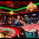 Gambling enthusiasts experiencing the thrill of OKFUN at a luxurious casino.