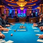 G28 branded poker table showcasing players engaged in an intense game atmosphere.