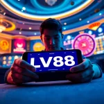 Engaged player using the LV88 online casino platform, surrounded by popular games and vibrant visuals.