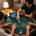 Tài xỉu online gameplay at home, player focused on tablet with betting options and dice results visible.