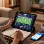 Betting on sports with Bsport app on tablet while reviewing strategy notes in a cozy home.
