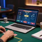 Engaged player strategizing on https://tr88k.com/ poker game with laptop and notes.