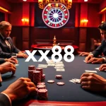 Exciting poker game at xx88 casino showcasing vibrant chips and dealer