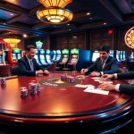 Excited players engage in a thrilling poker game at 23win's luxurious casino table.