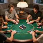 Kuwin poker night scene with friends playing Texas Hold'em, showcasing chips and cards in a warm home setting.