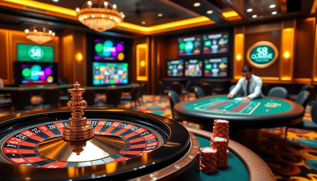 S8 game players engage at the blackjack table amidst a luxurious casino environment.