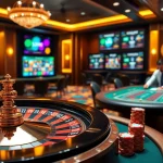 S8 game players engage at the blackjack table amidst a luxurious casino environment.