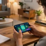 Engaging in mobile gaming on the 789CLUB app, showcasing responsible gambling in a cozy home environment.