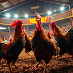 Intense live cockfighting at Sabong67, showcasing dagatructiep 1 in a vibrant arena with excited spectators.