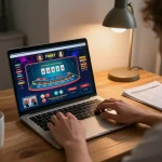 Player enjoying F8BET online game in a cozy home setup with strategy notes and coffee