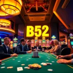 B52 club vibrant gaming atmosphere with players enjoying poker and slot games.