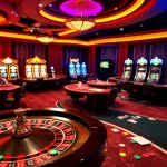 Taya365 Casino vibrant gambling scene with roulette, poker tables, and slot machines.