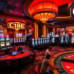 C168 branding prominent in a lively casino scene with players enjoying various games of chance.