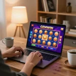 Engaging player enjoying GEMWIN games on laptop in a cozy home setting