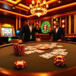 Experience the vibrant atmosphere of 23win casino with players celebrating their wins at the blackjack table.