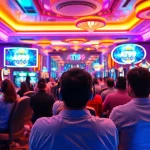 Experience gaming in a vibrant atmosphere at AT99娛樂城 with energetic players and neon lights.