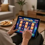 Playing a vibrant 555win slot game on a tablet in a cozy home setting, capturing the excitement of online gaming.