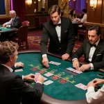 Players enjoying strategic black jack gameplay at F8BET casino, showcasing engagement and luxury atmosphere.