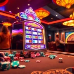 Reel aman788 slot gacor berputar di lingkungan kasino yang cerah dengan chip poker dan dadu.