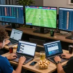 Sports enthusiasts analyzing kèo nhà cái odds during a football match