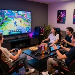 Group of friends enjoying NK88 gaming session with vibrant atmosphere and snacks.