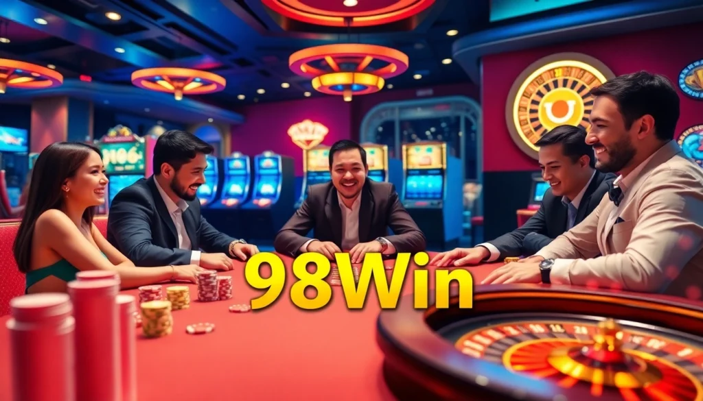 Players strategizing at a poker table in 98Win's luxurious casino atmosphere.