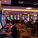 Players cheering at slot machines in a vibrant casino, showcasing 주소모음 of gambling excitement and engagement