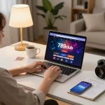 Person enjoying an online poker game at 789club in a cozy home setup, with strategic notes and a warm atmosphere.