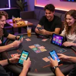 Friends enjoying card games on Hitclub trang chủ in a vibrant lounge.