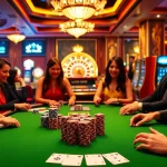 Players enjoying a thrilling poker game at 13win casino, showcasing vibrant chips and cards.