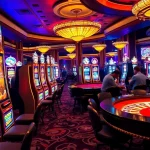 Players enjoying slot gacor machines amidst vibrant casino ambiance with poker chips and cards.