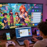 Engaging scene of animated characters in a vibrant adult visual novel game, showcasing diverse interactions and gameplay elements in a lively atmosphere featuring sex games.