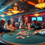 Engaging poker game at 18vip娱乐 with colorful chips, vibrant setting, and players focused.