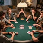 Players enjoying a friendly poker night, showcasing their No Deposit Bonus winnings and competitive spirit.