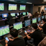 This sports betting lounge at https://rr888.shopping/ features excited bettors engaging with live games on various screens.