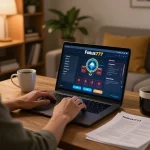 Engaging online gameplay on Fokus777 with laptop showing interactive casino interface and strategy notes.