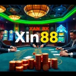 Players enjoying intense poker game at Xin88 casino table with luxurious atmosphere.