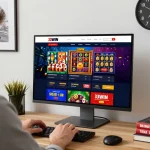 Engaging with the 33WIN platform link vào 33win in a vibrant home office setting featuring exciting sports betting and casino game options.