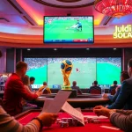 Experience thrilling Judi Bola betting action with excited gamblers in a luxury casino.