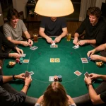 Players at a home poker game focusing on their cards, showcasing NK88's engaging gaming experience.