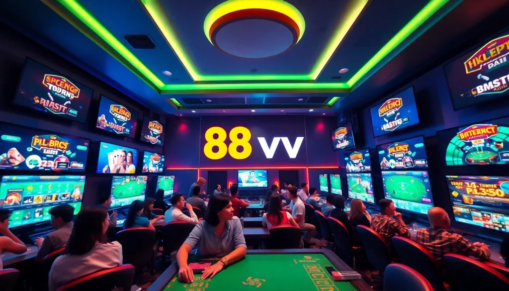 Experience the excitement of 88vv online gaming with vibrant gaming rooms and digital interfaces.