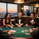 Engaged players at bdtk66 blackjack table in a luxurious rooftop casino bar, sunset skyline ambiance