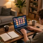 Engaging online gaming moment at home, showcasing a player enjoying goal123 ac slots with strategic notes beside them.