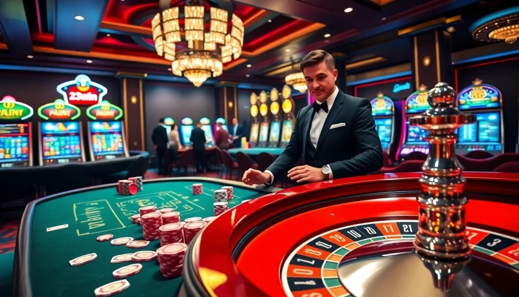 Exciting gaming experience at 23win with players at a poker table and roulette wheel.