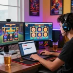 Online gaming expert at home, mega888 login malaysia on laptop with vibrant atmosphere.