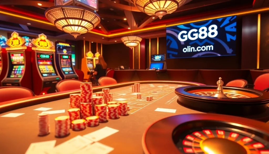 Experience the thrill of gambling at gg88 com with a vibrant casino scene featuring tables, chips, and players.
