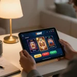 Engaging with the 789ff casino app on a tablet in a cozy home setup, promoting responsible gambling.