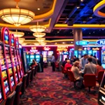 Katsu5 menampilkan suasana kasino yang vivan dengan pemain dan mesin slot berwarna-warni.