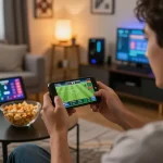 Excited user placing bets on open88 sports betting app during live game, showcasing modern gaming setup and engaging atmosphere.